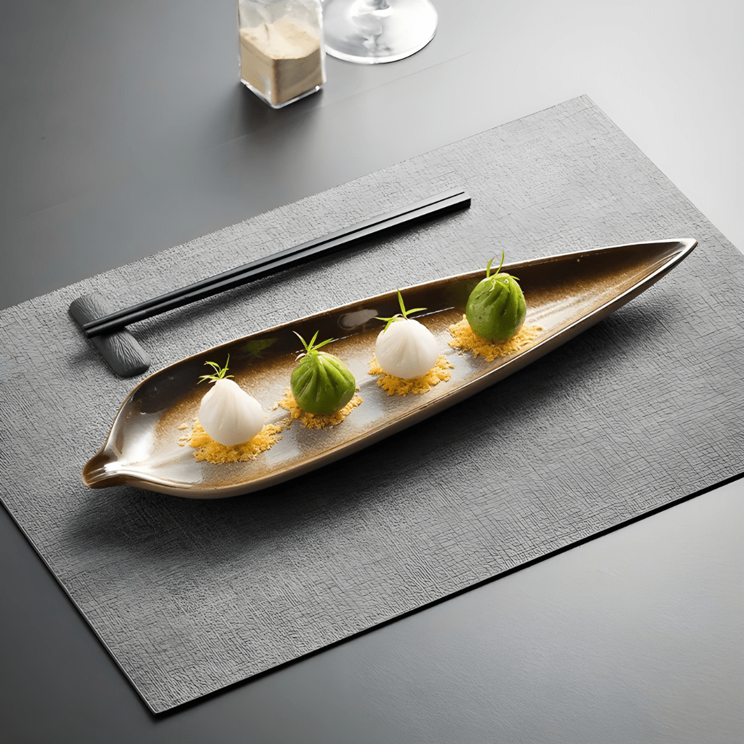 Leaf-shaped 14-inch ceramic plate for sushi, snacks, and desserts – heat-safe and elegant serving dish ideal for Beirut kitchens and restaurants