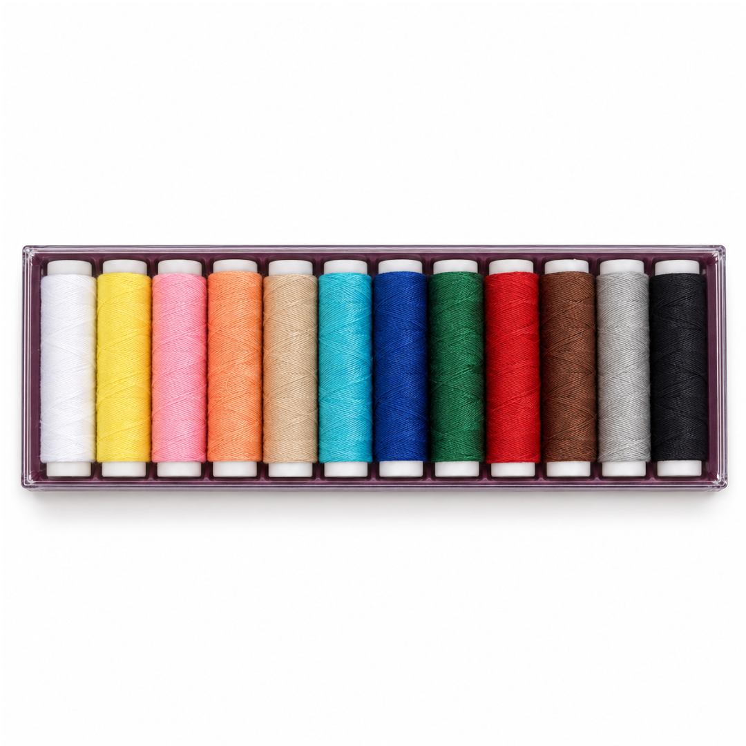 A 12-piece set of CRELANDO universal sewing threads, displaying 50-meter spools in a variety of bright and neutral colors
