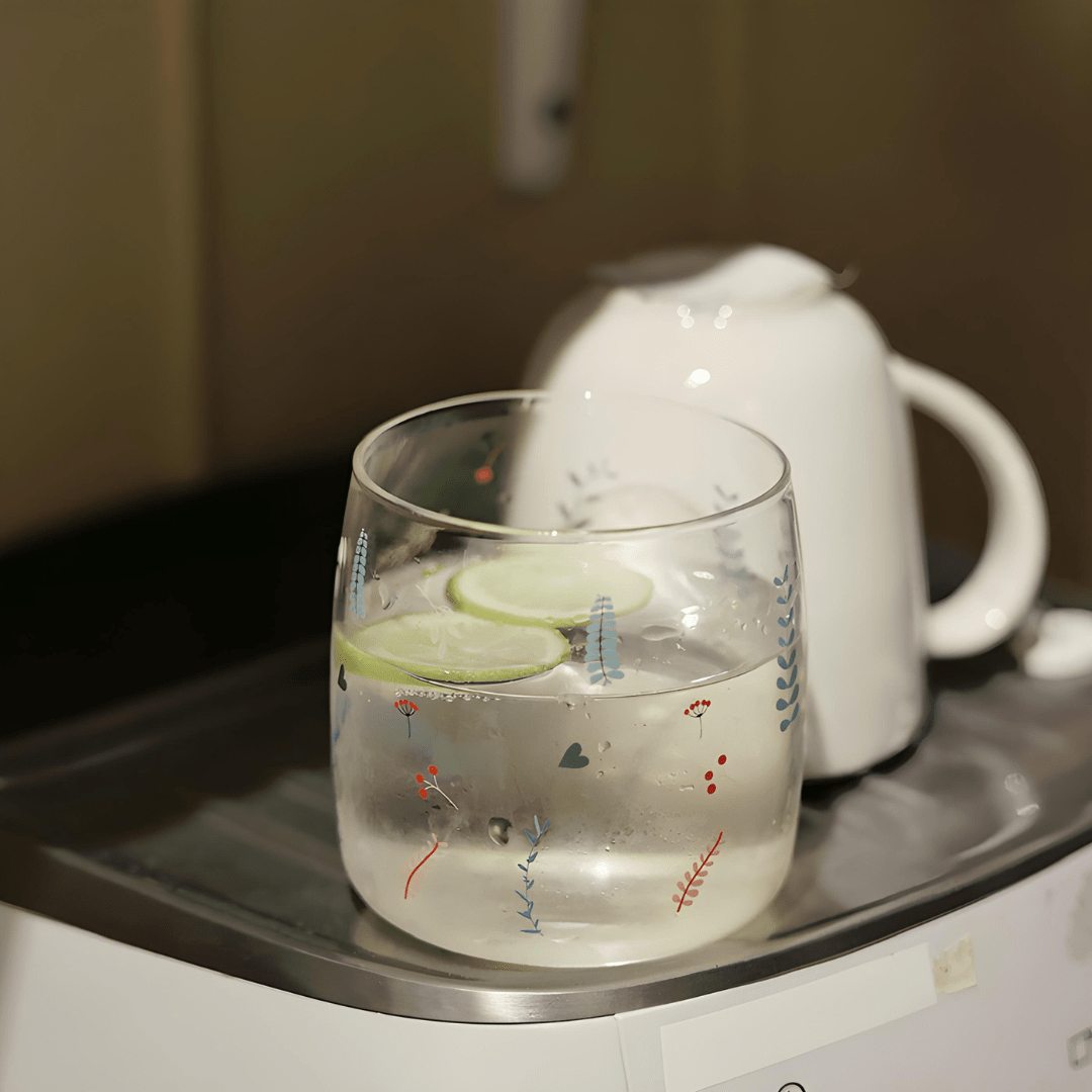 300ml heat-resistant borosilicate glass cups with elegant floral and botanical patterns — perfect for serving coffee, tea, juice, or desserts in Beirut homes and cafés.