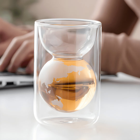Double-layer borosilicate glass cup with 3D world map globe design, 160ml