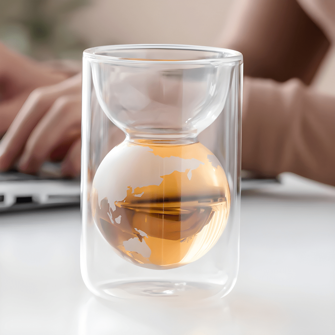 Double-layer borosilicate glass cup with 3D world map globe design, 160ml