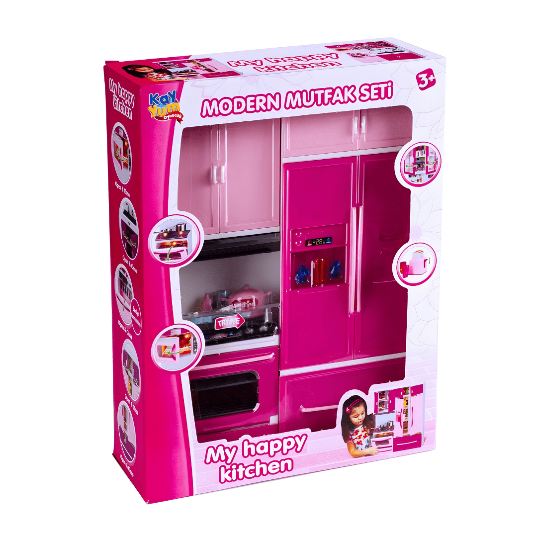 Modern 2-piece toy kitchen set in white and red, featuring a microwave, oven, and fridge with realistic sound effects.