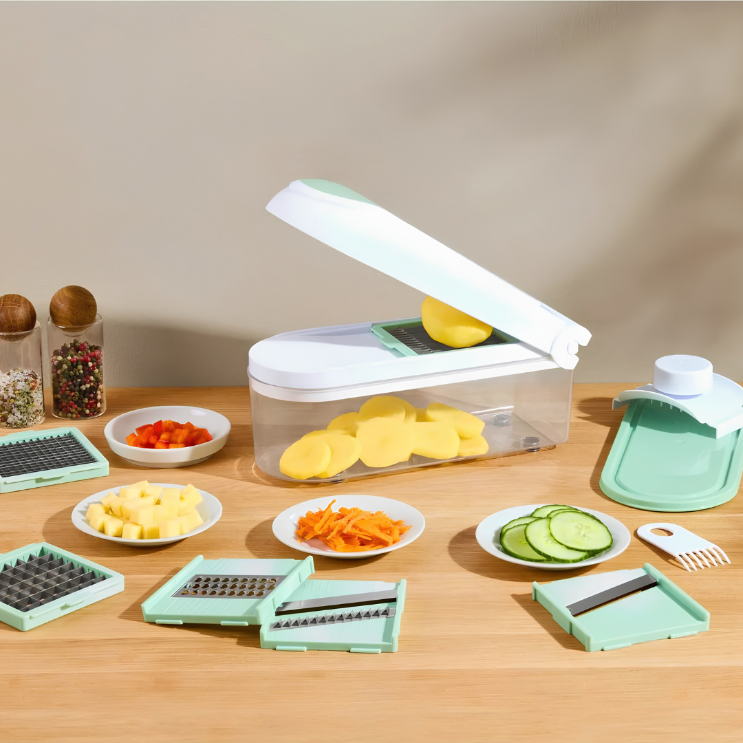 Livarno Home 6-in-1 multifunction vegetable chopper and mandoline slicer box showing interchangeable blades and features, available for delivery in Lebanon.