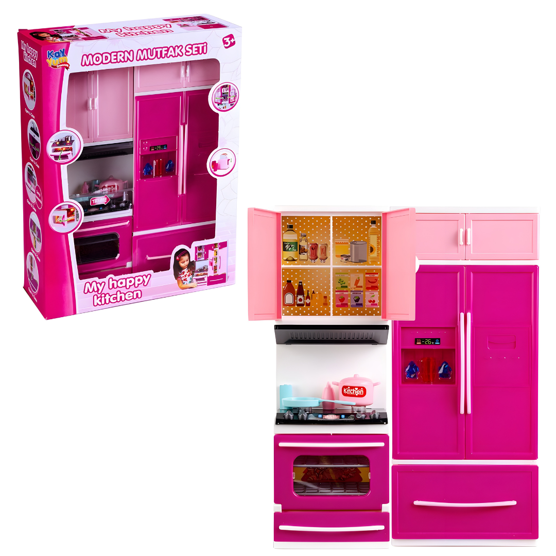 Modern 2-piece toy kitchen set in white and red, featuring a microwave, oven, and fridge with realistic sound effects.