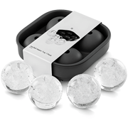 Black 4-cavity silicone sphere ice cube mold, size 11.5x11.5x5cm, with large clear ice balls.