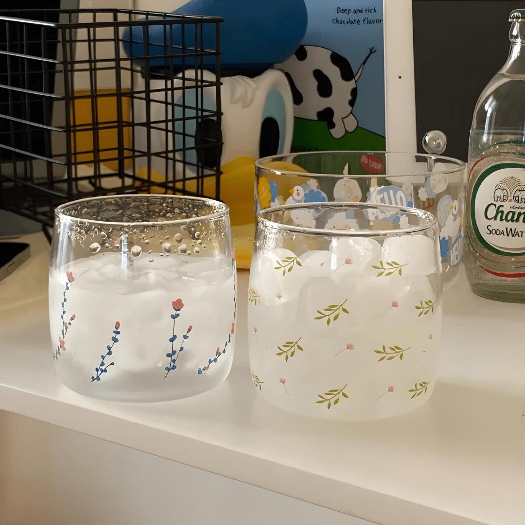 300ml heat-resistant borosilicate glass cups with elegant floral and botanical patterns — perfect for serving coffee, tea, juice, or desserts in Beirut homes and cafés.