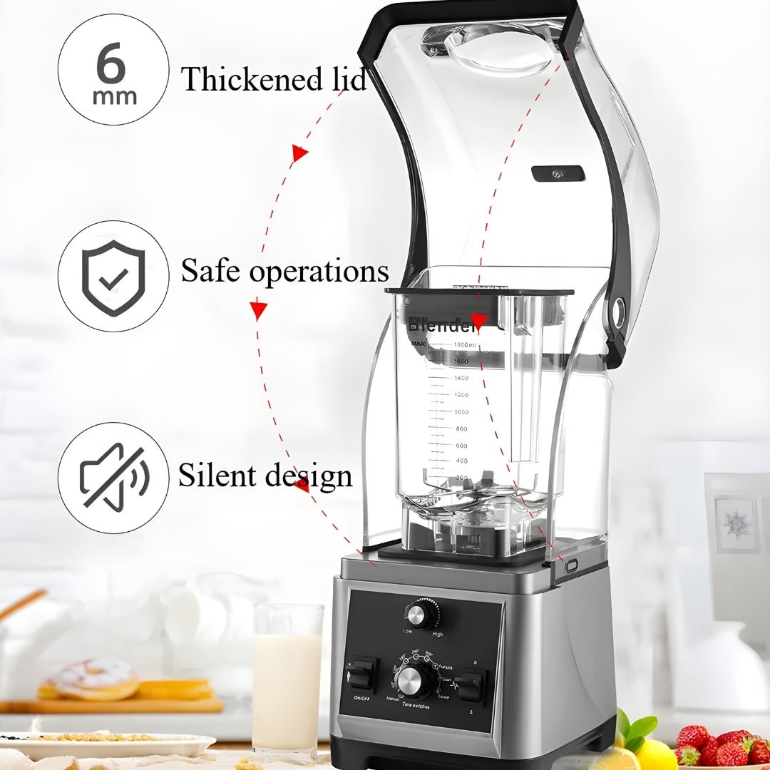 Heavy Duty 2200W blender with thick soundproof lid and 1.8L container. Ideal for juices, smoothies, ice crushing, restaurants, coffee shops, and home use in Beirut, Lebanon.