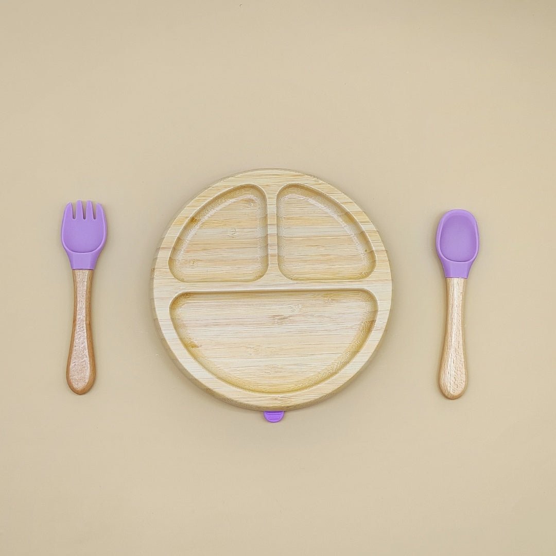 Purple silicone and bamboo kids suction plate with matching utensils – non-slip feeding set