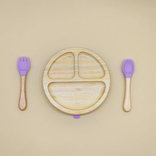 Purple silicone and bamboo kids suction plate with matching utensils – non-slip feeding set