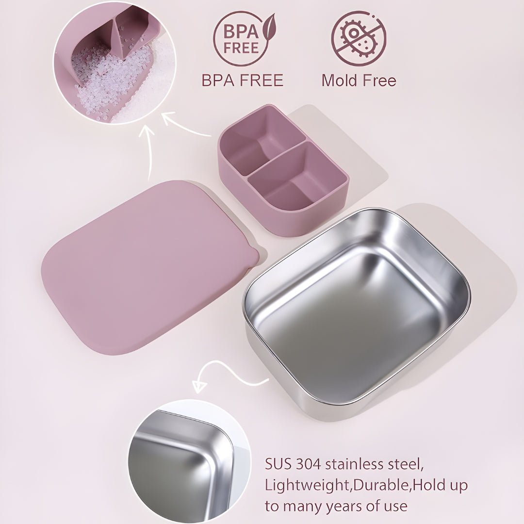 BPA-free stainless steel lunchbox with pink silicone divider and lid, designed by European House Hold for safe and mold-free food storage