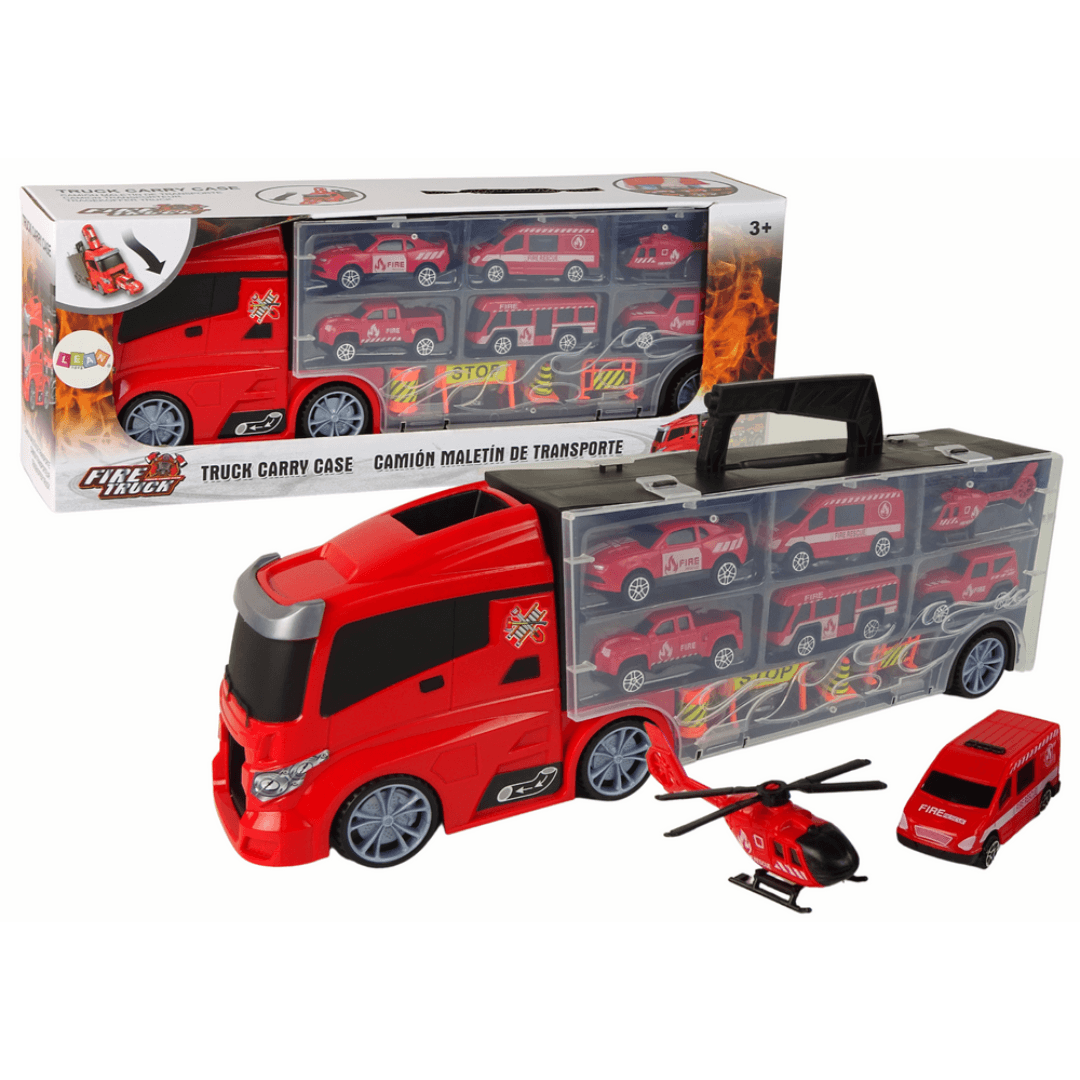 Children Car Truck Transporter with 7 Fire Service Vehicles Carry Case Toy - EUROPEAN HOUSE HOLD