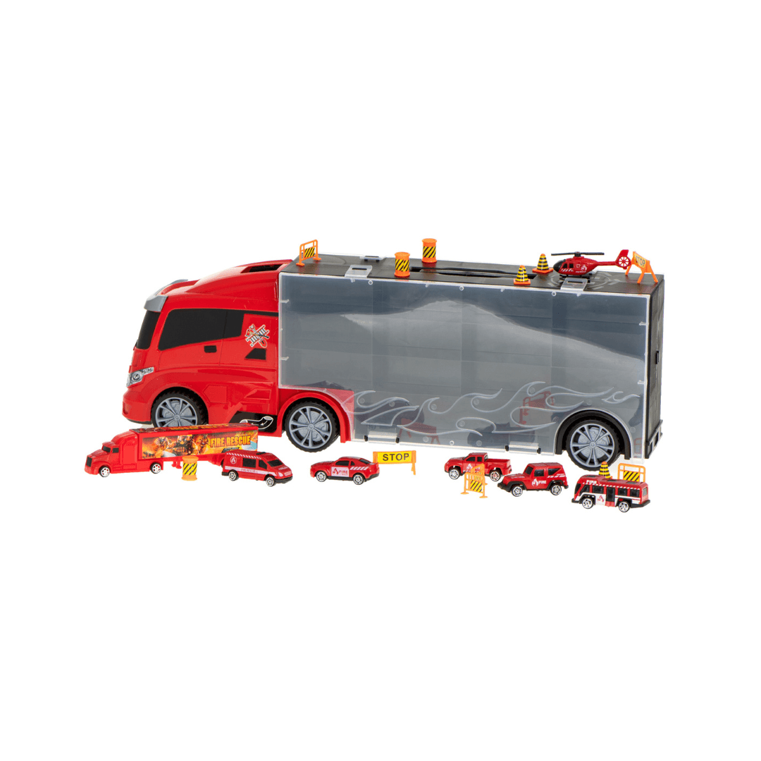 Children Car Truck Transporter with 7 Fire Service Vehicles Carry Case Toy - EUROPEAN HOUSE HOLD