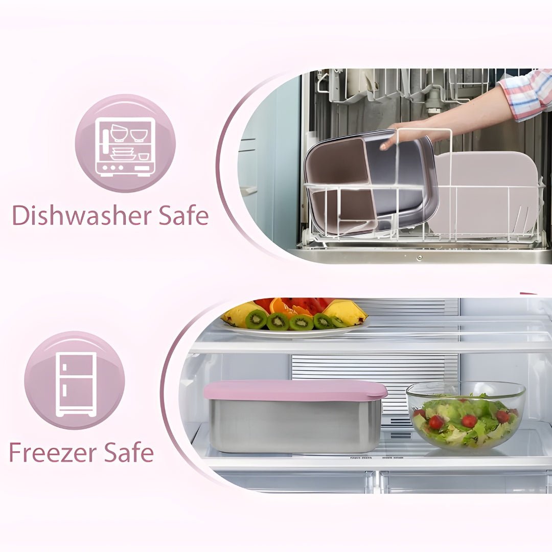 Stainless steel lunchbox shown inside dishwasher and freezer, highlighting its durability and safety — a product by European House Hold