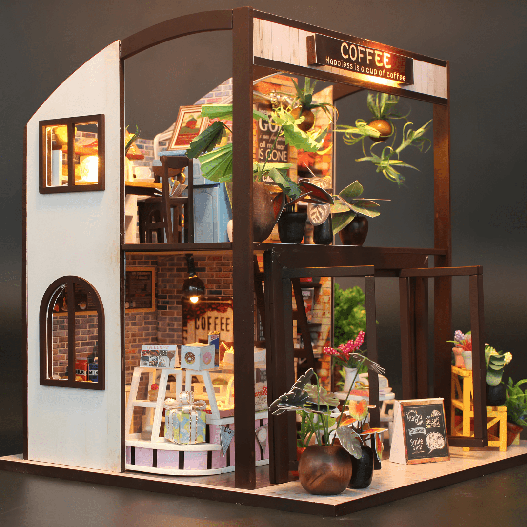 DIY miniature coffee house kit with LED lights, music box, and indoor café details – ideal for Beirut hobby crafters
