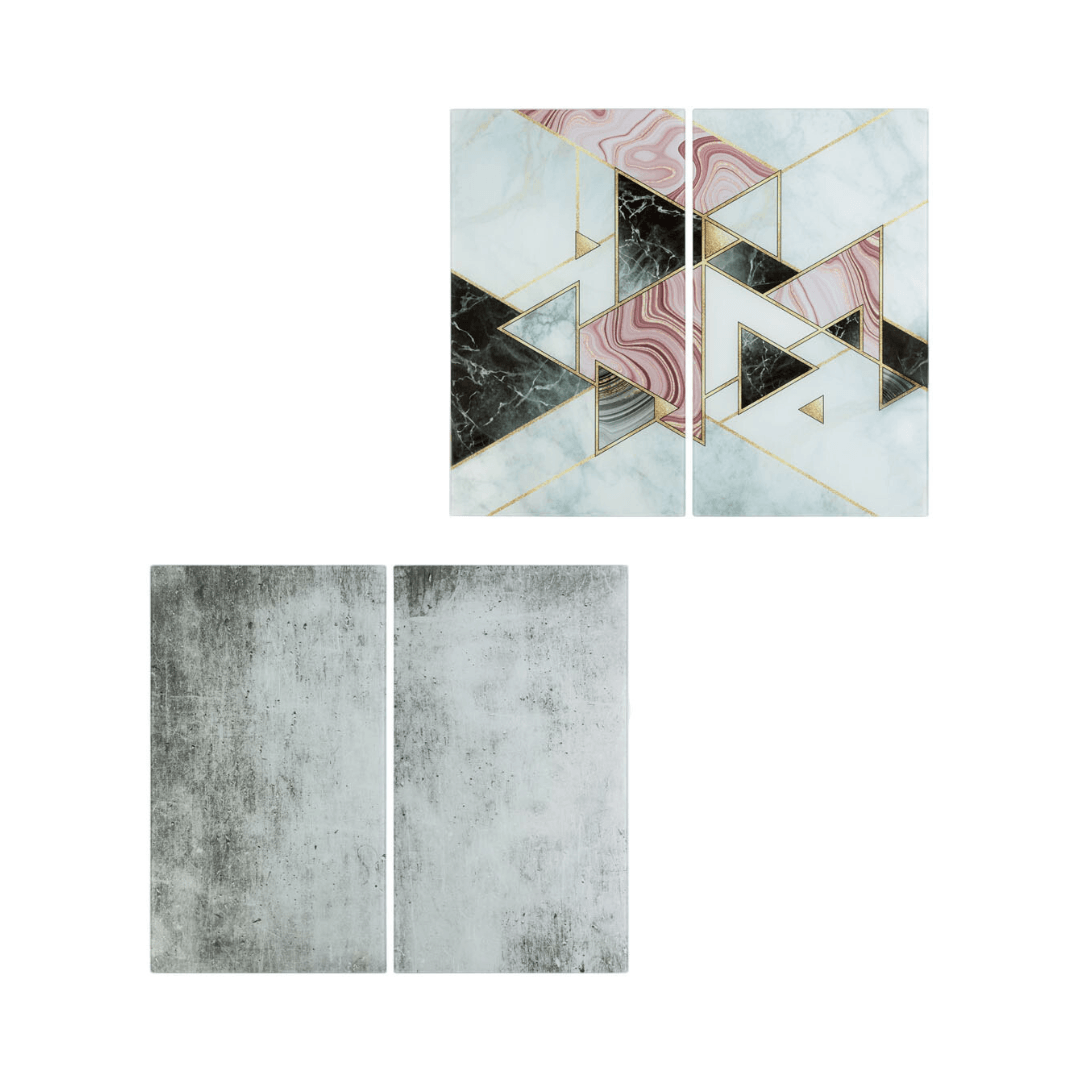 Premium Ernesto tempered glass worktop protector set, 2 pcs, 52x30 cm each, durable scratch-resistant kitchen countertop surface.