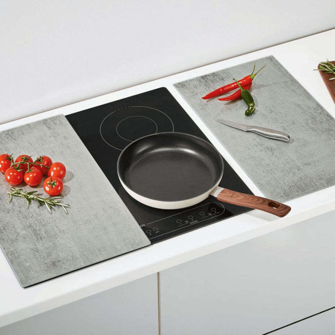 Premium Ernesto tempered glass worktop protector set, 2 pcs, 52x30 cm each, durable scratch-resistant kitchen countertop surface.