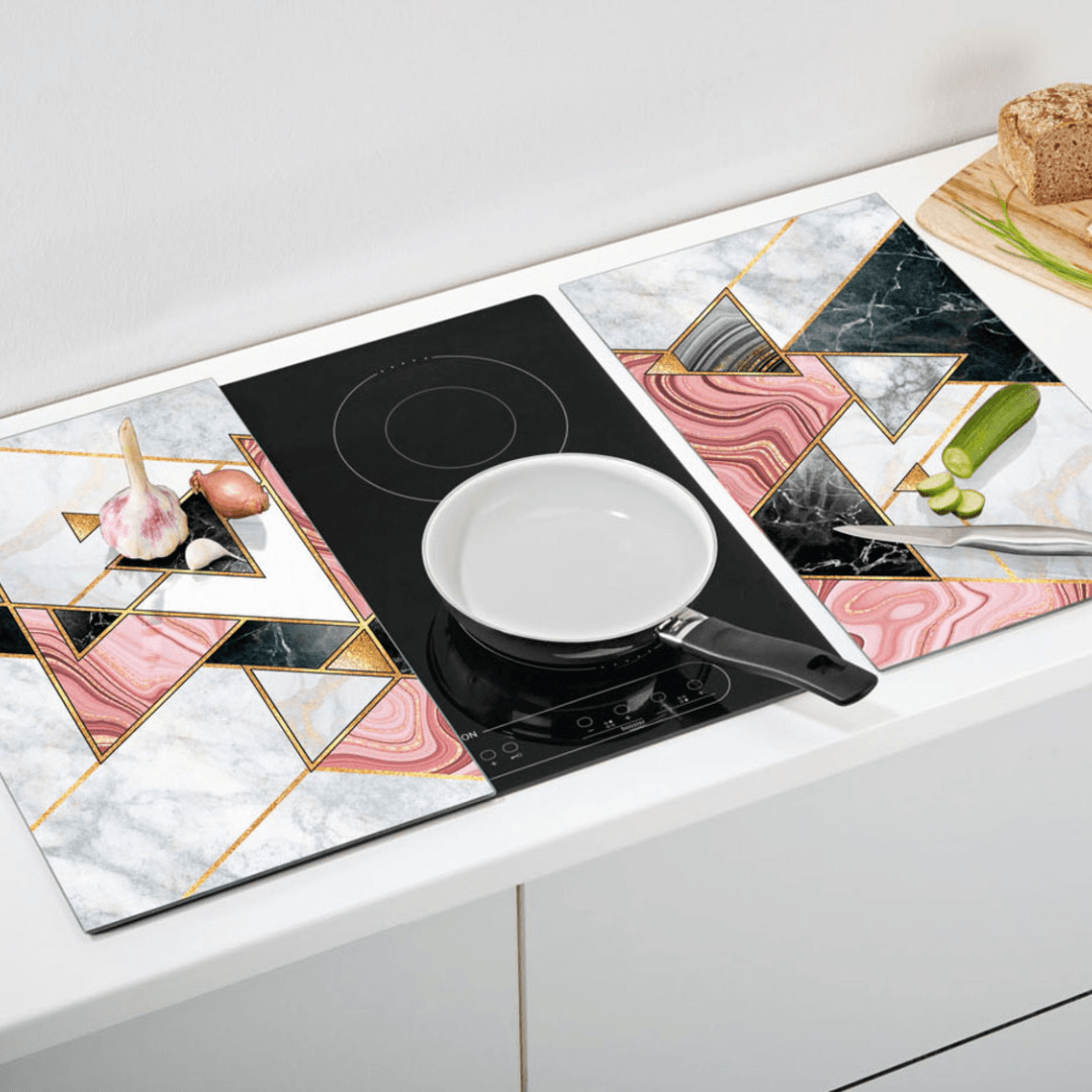 Premium Ernesto tempered glass worktop protector set, 2 pcs, 52x30 cm each, durable scratch-resistant kitchen countertop surface.