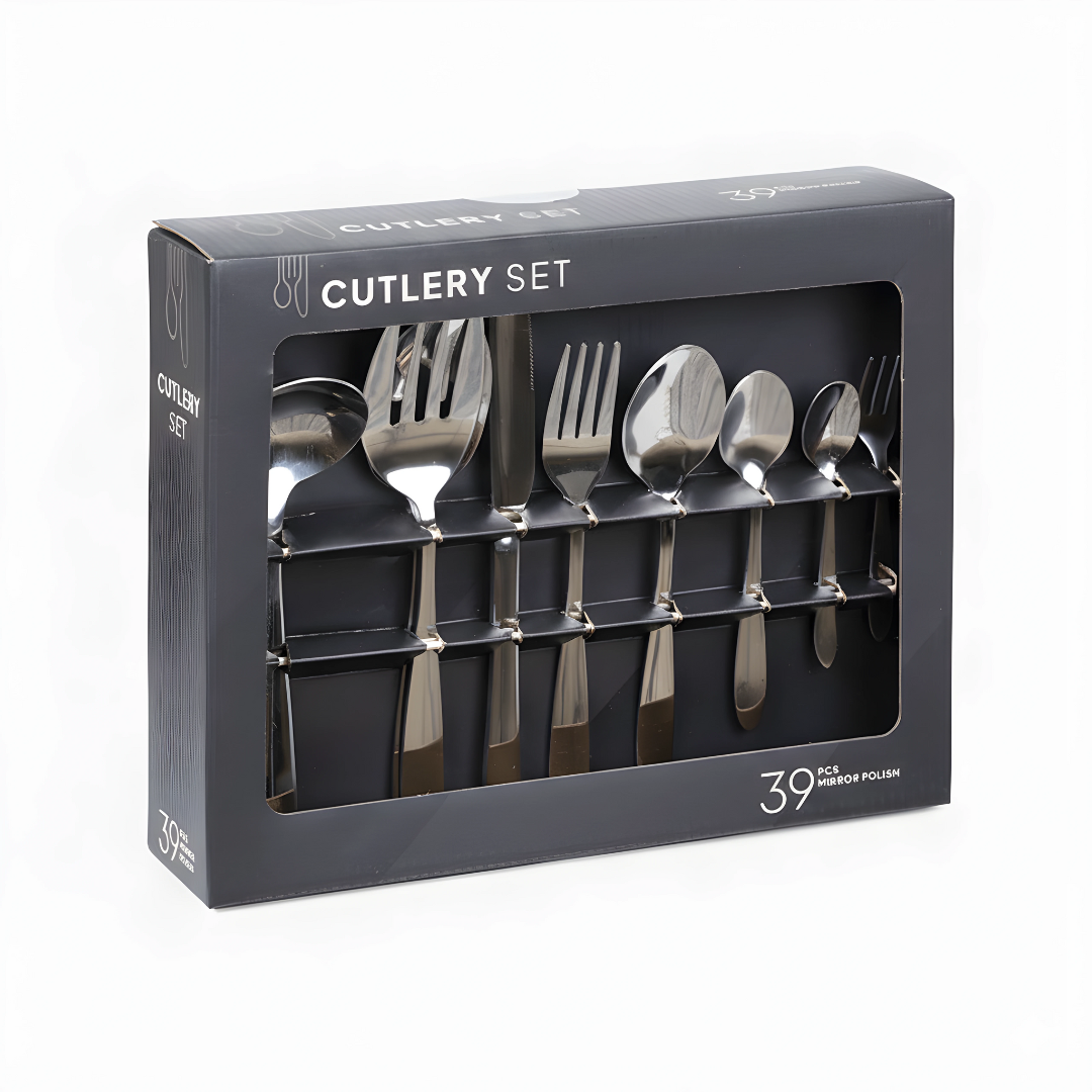 39-piece Glamour Home stainless steel cutlery set in a black window display box featuring mirror-polished spoons, forks, and knives.