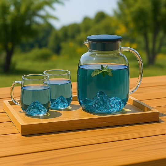 Ice Mountain Premium Quality 1800ml Glass Jug with 2x 300ml Cups for Hot/Cold Drinks - EUROPEAN HOUSE HOLD