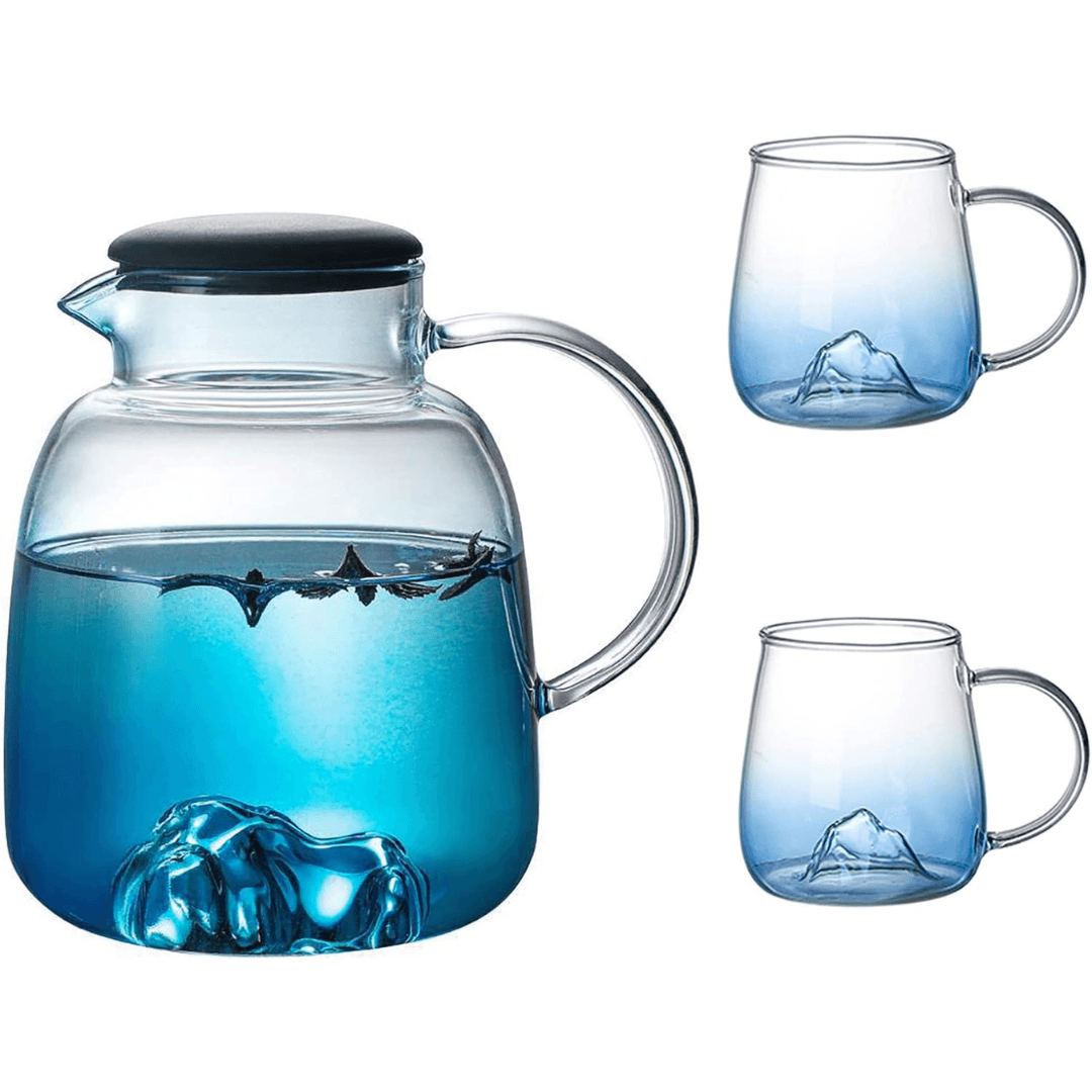 Ice Mountain Premium Quality 1800ml Glass Jug with 2x 300ml Cups for Hot/Cold Drinks - EUROPEAN HOUSE HOLD