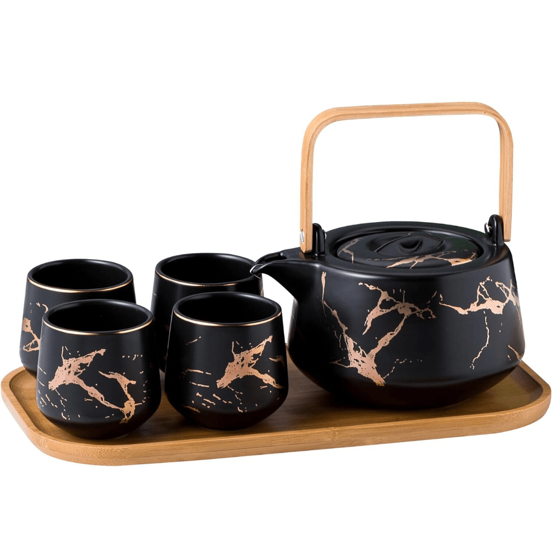 Japanese Marble Porcelain Tea Set: 40oz Teapot, 4 Cups & Bamboo Tray - EUROPEAN HOUSE HOLD