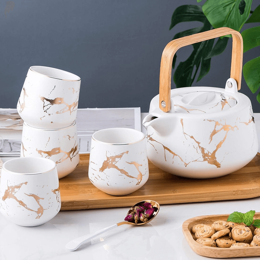 Japanese Marble Porcelain Tea Set: 40oz Teapot, 4 Cups & Bamboo Tray - EUROPEAN HOUSE HOLD