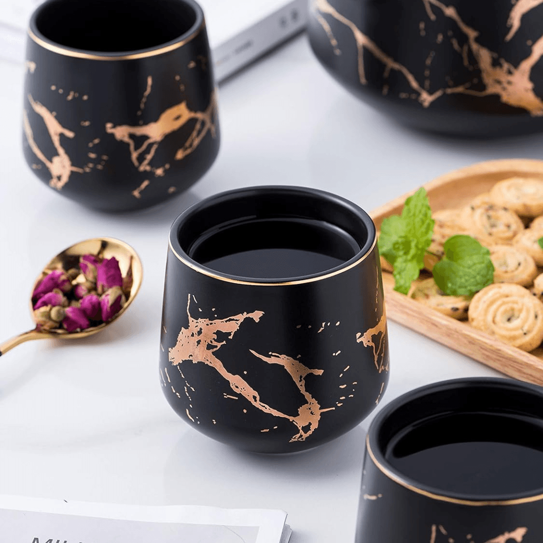 Japanese Marble Porcelain Tea Set: 40oz Teapot, 4 Cups & Bamboo Tray - EUROPEAN HOUSE HOLD