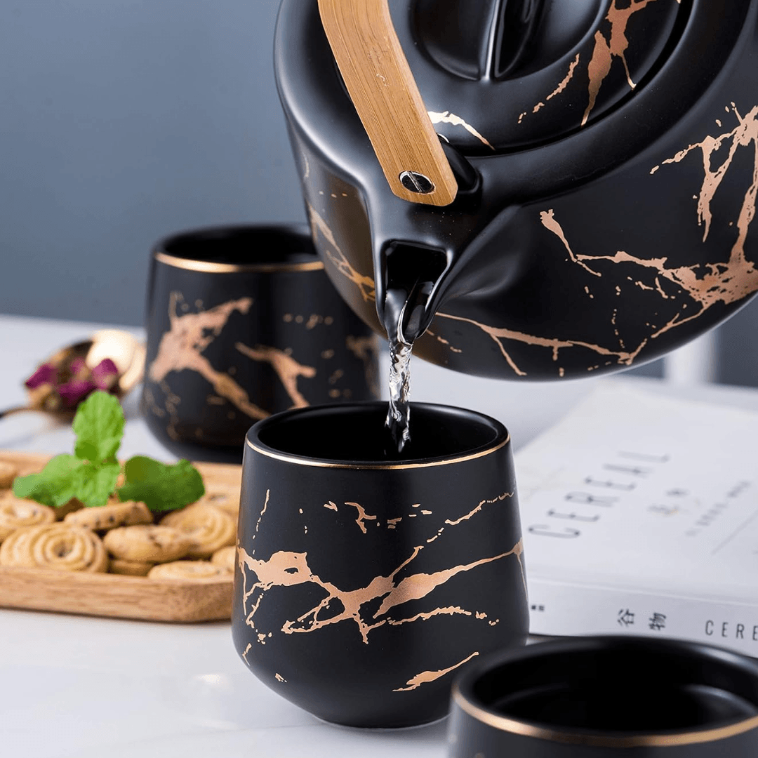 Japanese Marble Porcelain Tea Set: 40oz Teapot, 4 Cups & Bamboo Tray - EUROPEAN HOUSE HOLD