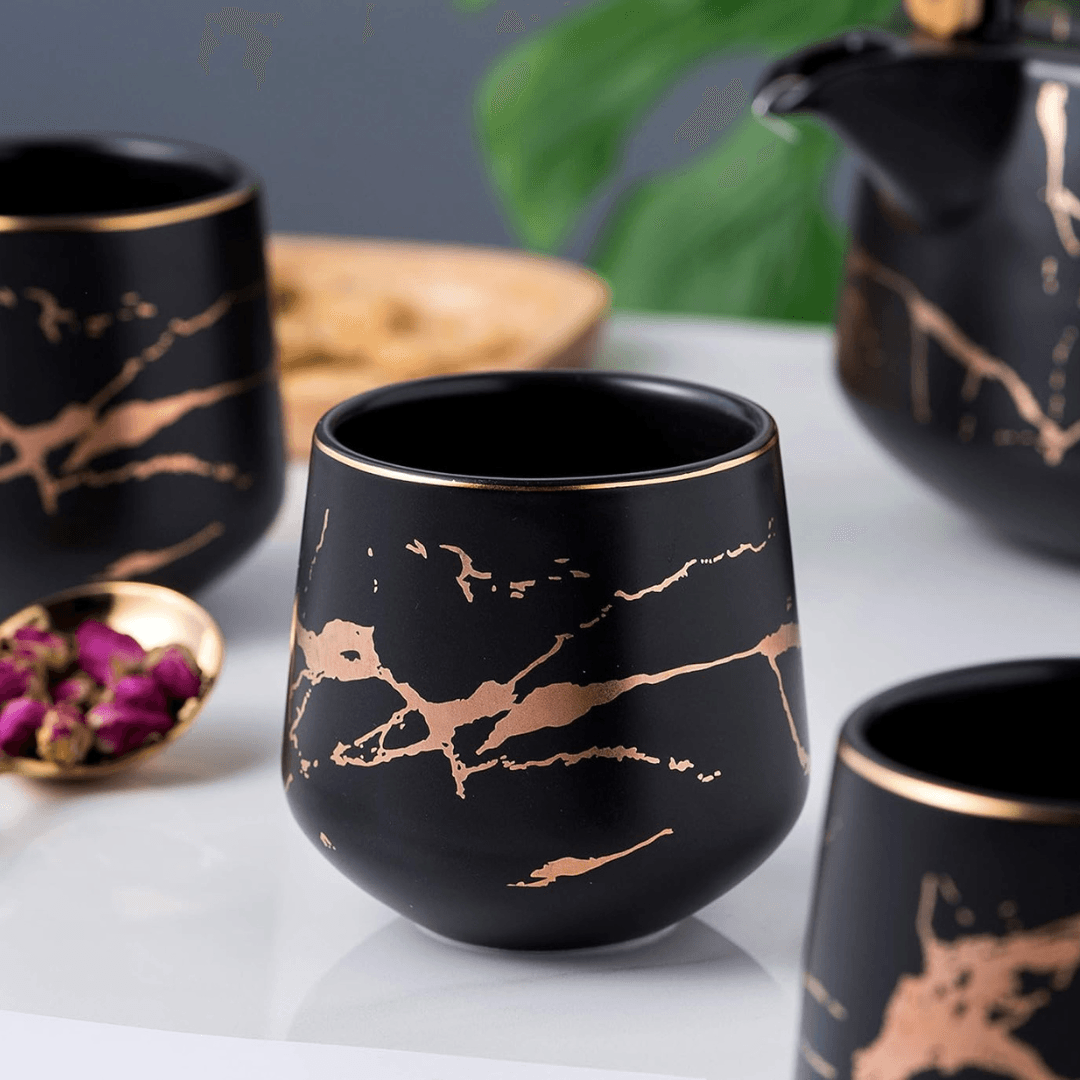 Japanese Marble Porcelain Tea Set: 40oz Teapot, 4 Cups & Bamboo Tray - EUROPEAN HOUSE HOLD