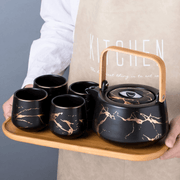 Japanese Marble Porcelain Tea Set: 40oz Teapot, 4 Cups & Bamboo Tray - EUROPEAN HOUSE HOLD