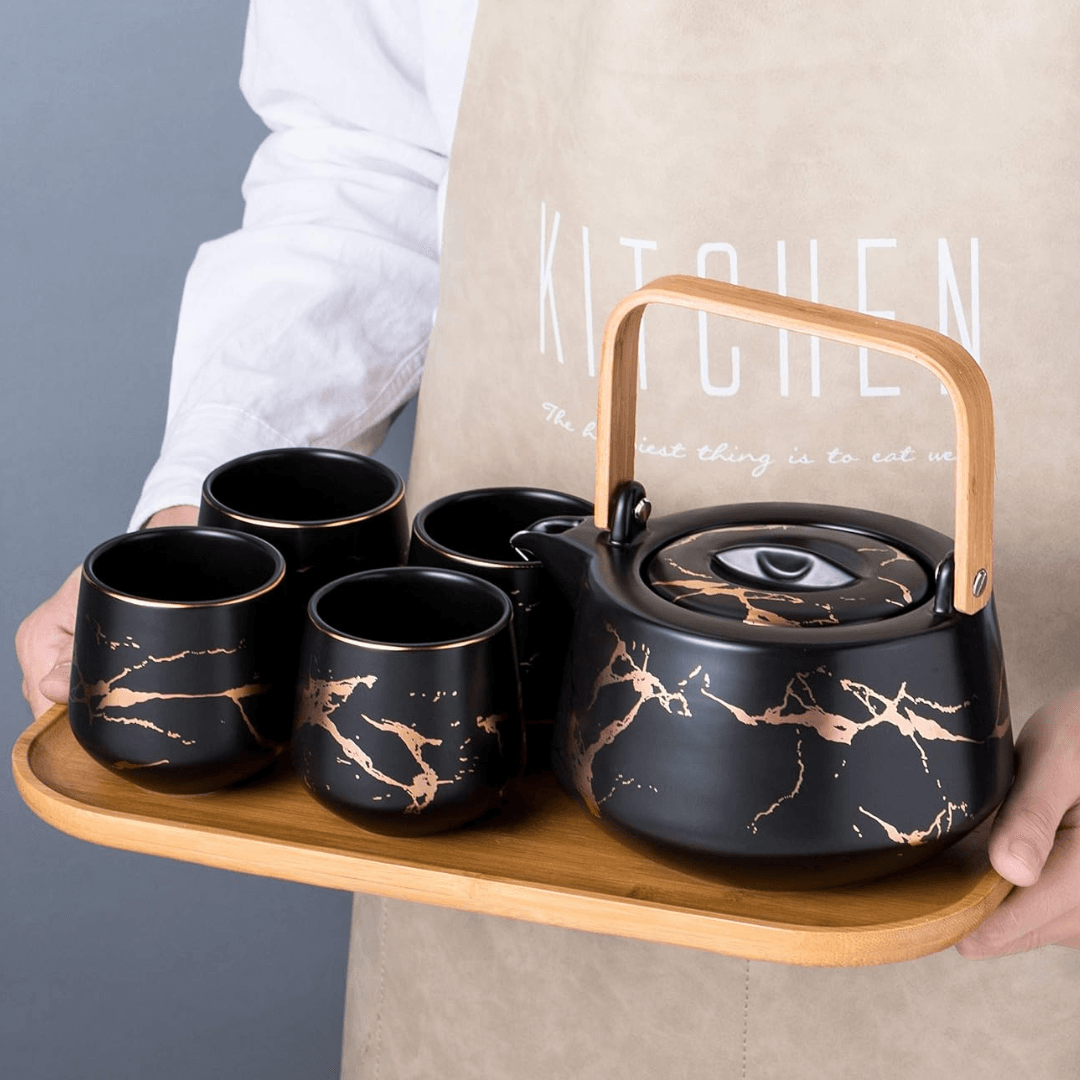 Japanese Marble Porcelain Tea Set: 40oz Teapot, 4 Cups & Bamboo Tray - EUROPEAN HOUSE HOLD