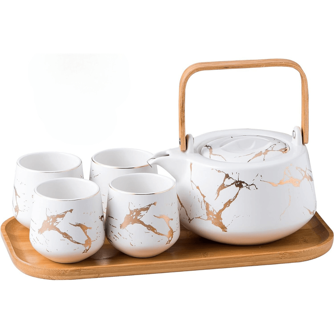 Japanese Marble Porcelain Tea Set: 40oz Teapot, 4 Cups & Bamboo Tray - EUROPEAN HOUSE HOLD