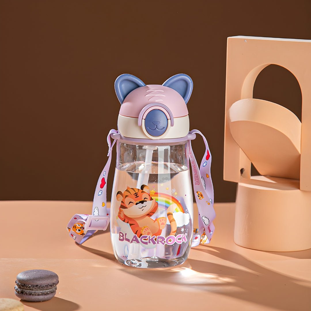 Cute 450ml kids water bottle with cat-ear cap and rainbow tiger design – Blackrock edition