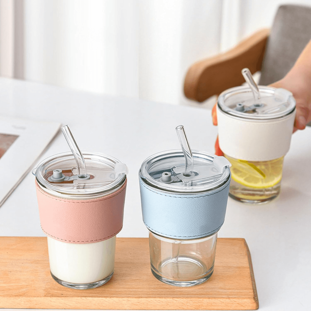 Leak-Proof Glass Tumbler with Glass Lid, Straw, and Heat-Resistant Band for Hot & Cold Drinks 400ML - EUROPEAN HOUSE HOLD