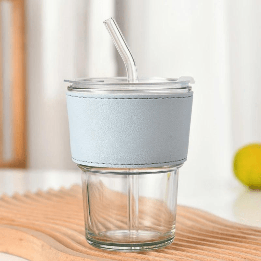 Leak-Proof Glass Tumbler with Glass Lid, Straw, and Heat-Resistant Band for Hot & Cold Drinks 400ML - EUROPEAN HOUSE HOLD