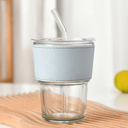 Leak-Proof Glass Tumbler with Glass Lid, Straw, and Heat-Resistant Band for Hot & Cold Drinks 400ML - EUROPEAN HOUSE HOLD