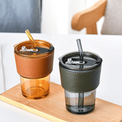 Leak-Proof Glass Tumbler with Glass Lid, Straw, and Heat-Resistant Band for Hot & Cold Drinks 400ML - EUROPEAN HOUSE HOLD