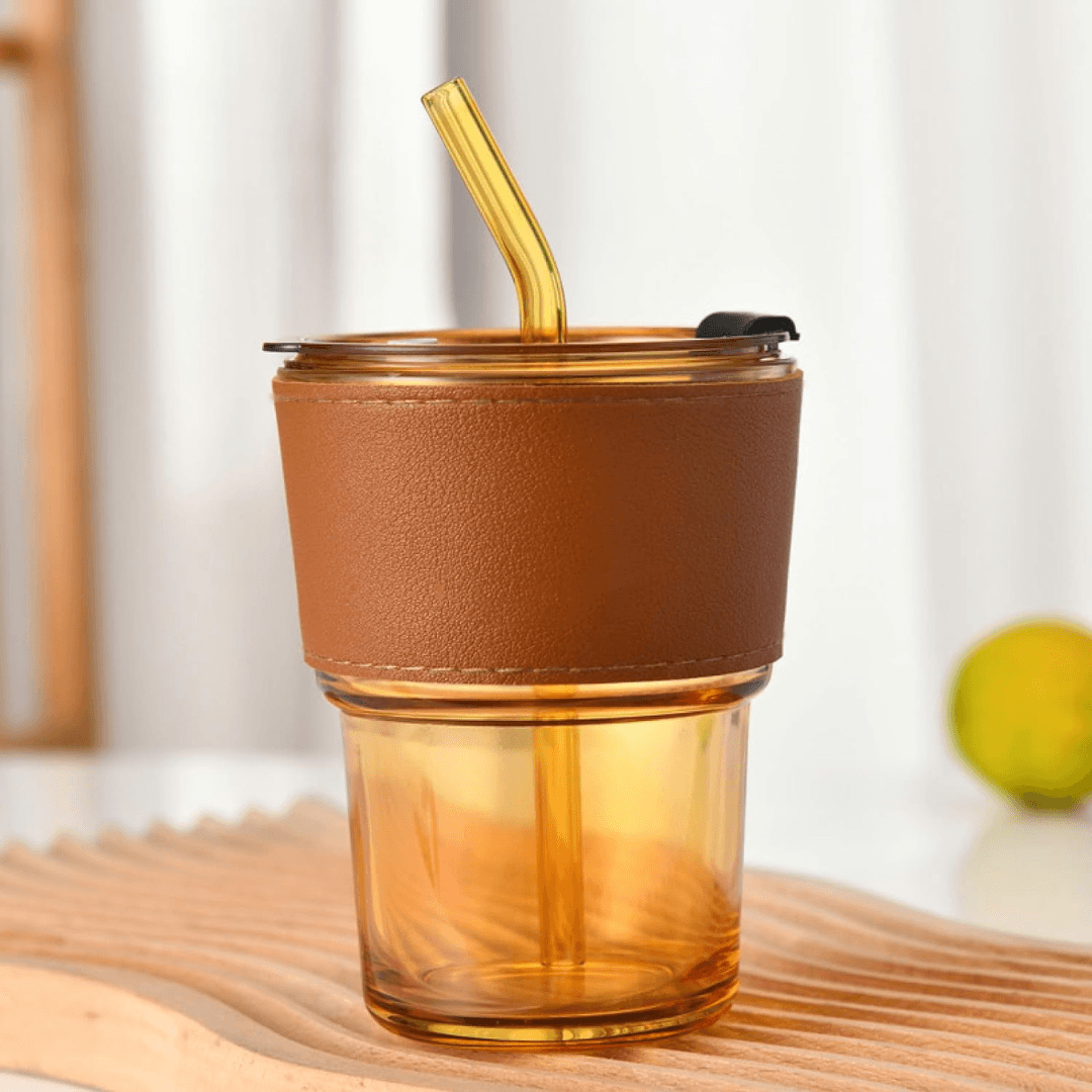 Leak-Proof Glass Tumbler with Glass Lid, Straw, and Heat-Resistant Band for Hot & Cold Drinks 400ML - EUROPEAN HOUSE HOLD