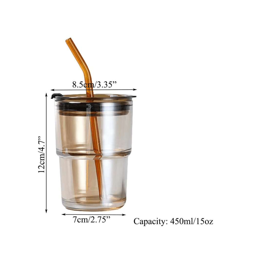 Leak-Proof Glass Tumbler with Glass Lid, Straw, and Heat-Resistant Band for Hot & Cold Drinks 400ML - EUROPEAN HOUSE HOLD