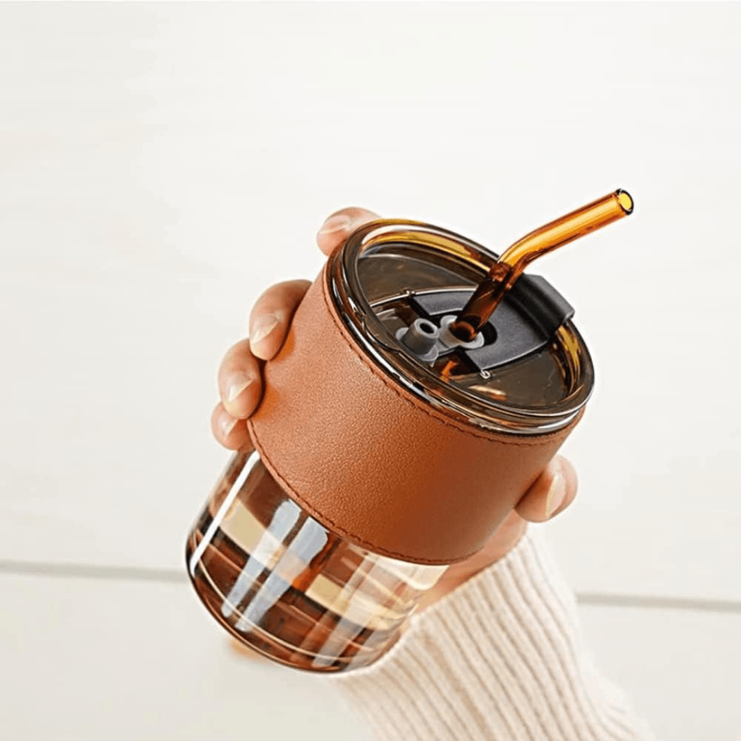 Leak-Proof Glass Tumbler with Glass Lid, Straw, and Heat-Resistant Band for Hot & Cold Drinks 400ML - EUROPEAN HOUSE HOLD