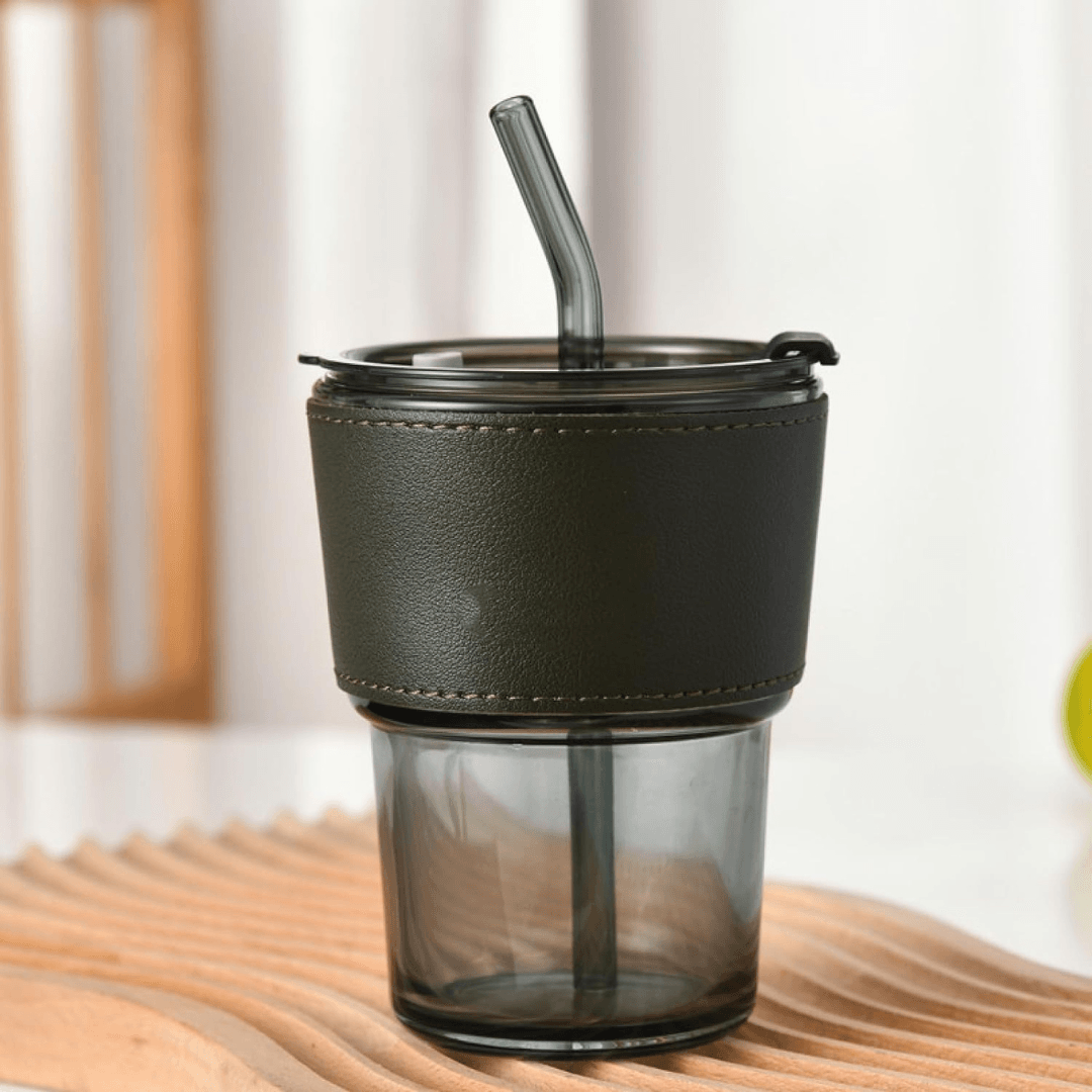 Leak-Proof Glass Tumbler with Glass Lid, Straw, and Heat-Resistant Band for Hot & Cold Drinks 400ML - EUROPEAN HOUSE HOLD