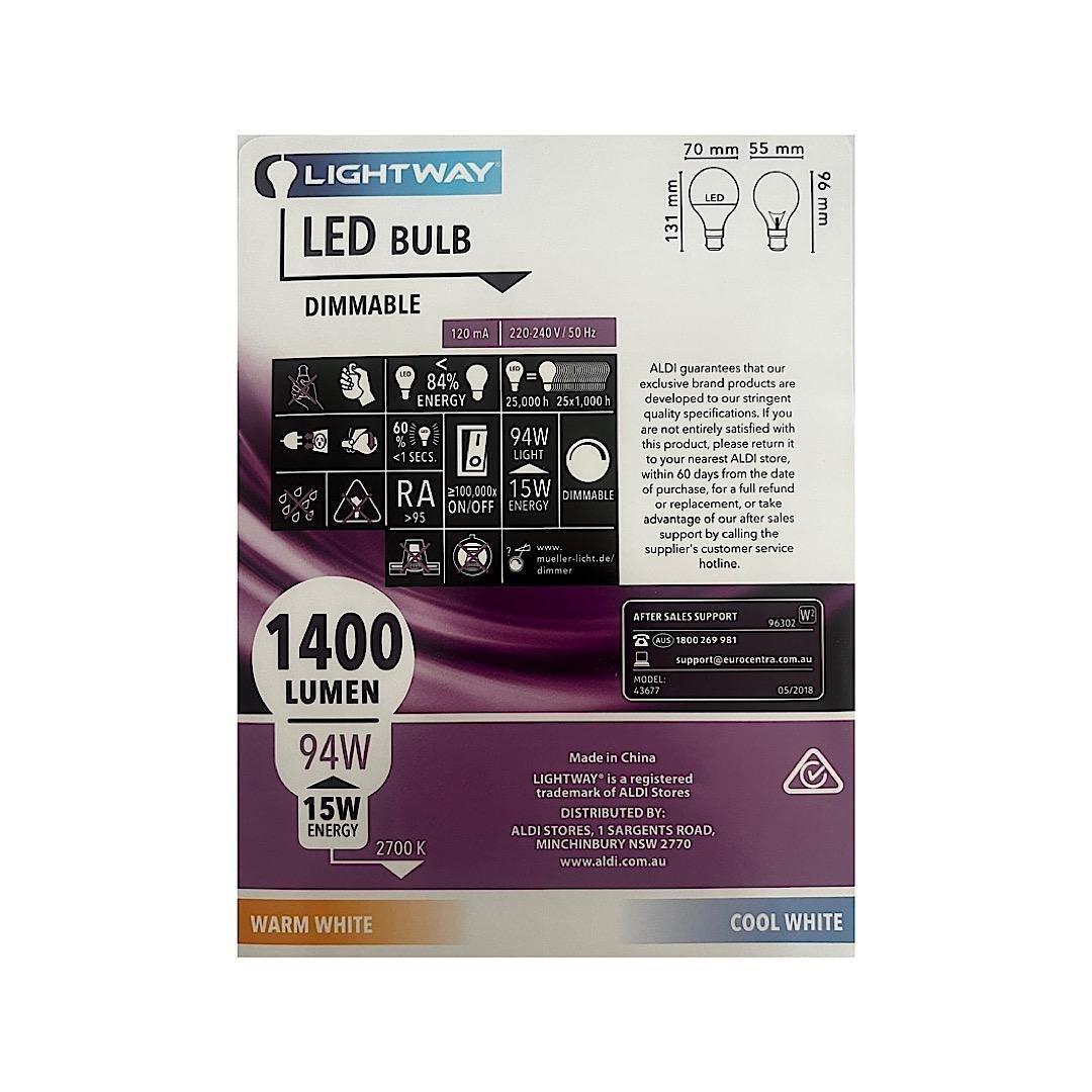 LIGHTWAY DIMMABLE LED BULB 15W=94W PREMIUM LED BULB - EUROPEAN HOUSE HOLD