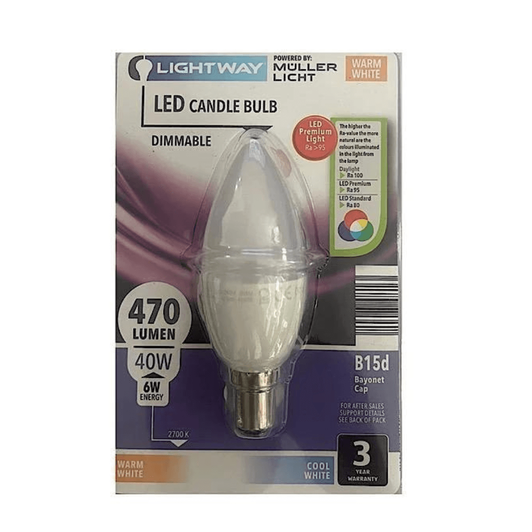 LIGHTWAY DIMMABLE LED CANDLE BULB 6W=40W PREMIUM LED BULB - EUROPEAN HOUSE HOLD