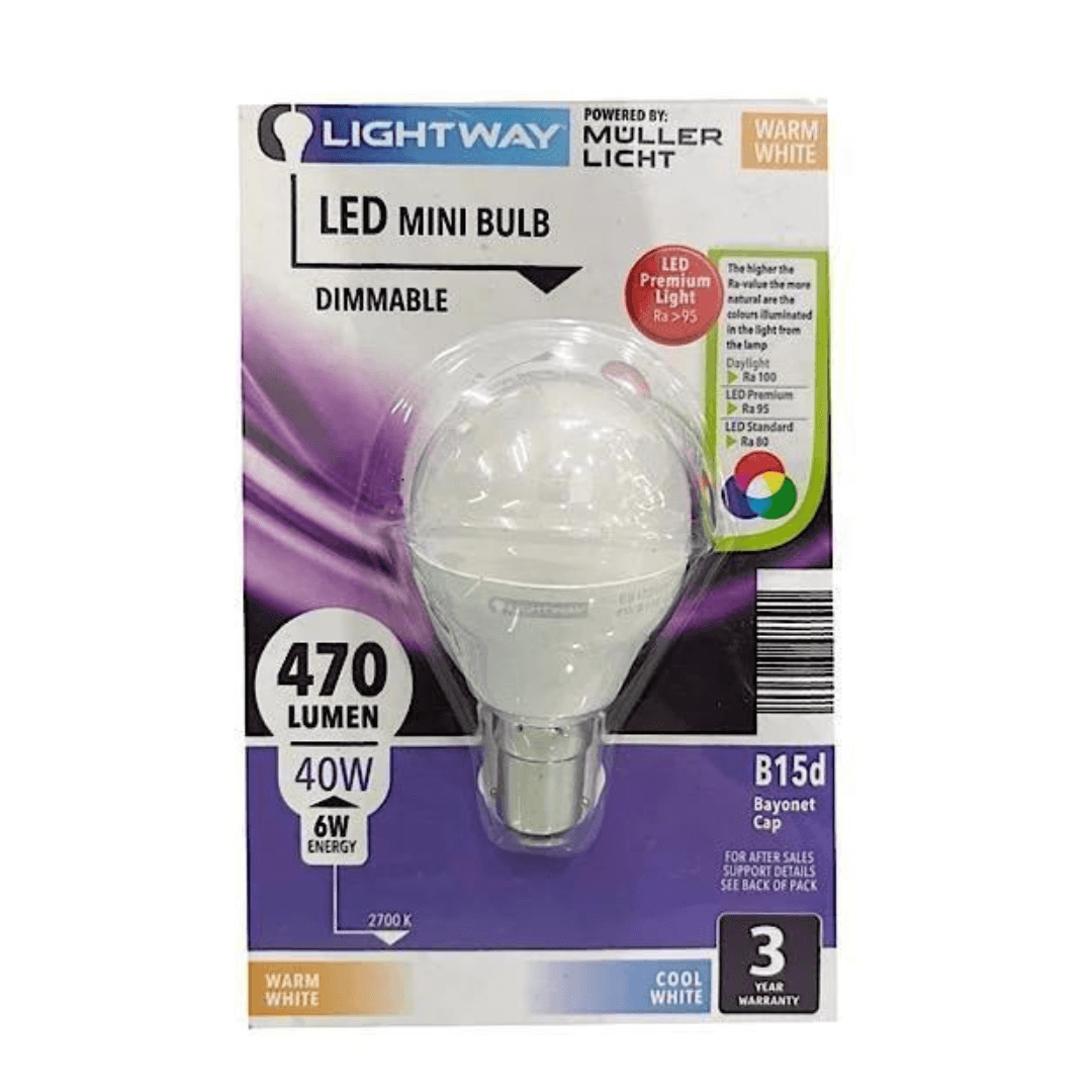 LIGHTWAY DIMMABLE LED MINI BULB 6W=40W PREMIUM LED BULB BAYONET CAP - EUROPEAN HOUSE HOLD