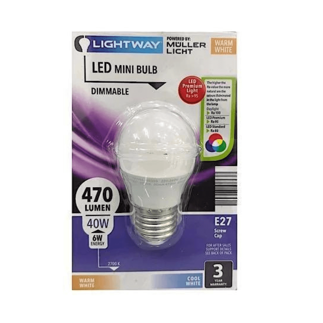 LIGHTWAY DIMMABLE LED MINI BULB 6W=40W PREMIUM LED BULB E27 - EUROPEAN HOUSE HOLD