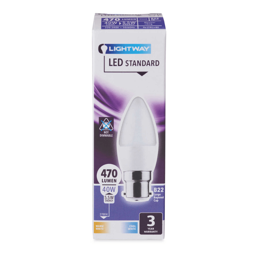 LIGHTWAY LED Candle Bulb Dimmable Warm White B22D Bayonet Cap 5.5W=60W - EUROPEAN HOUSE HOLD