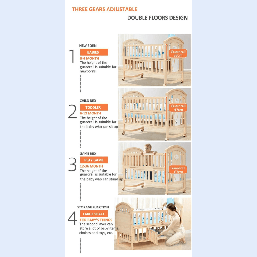 Multifunction Premium Wooden Baby Crib - EUROPEAN HOUSE HOLD