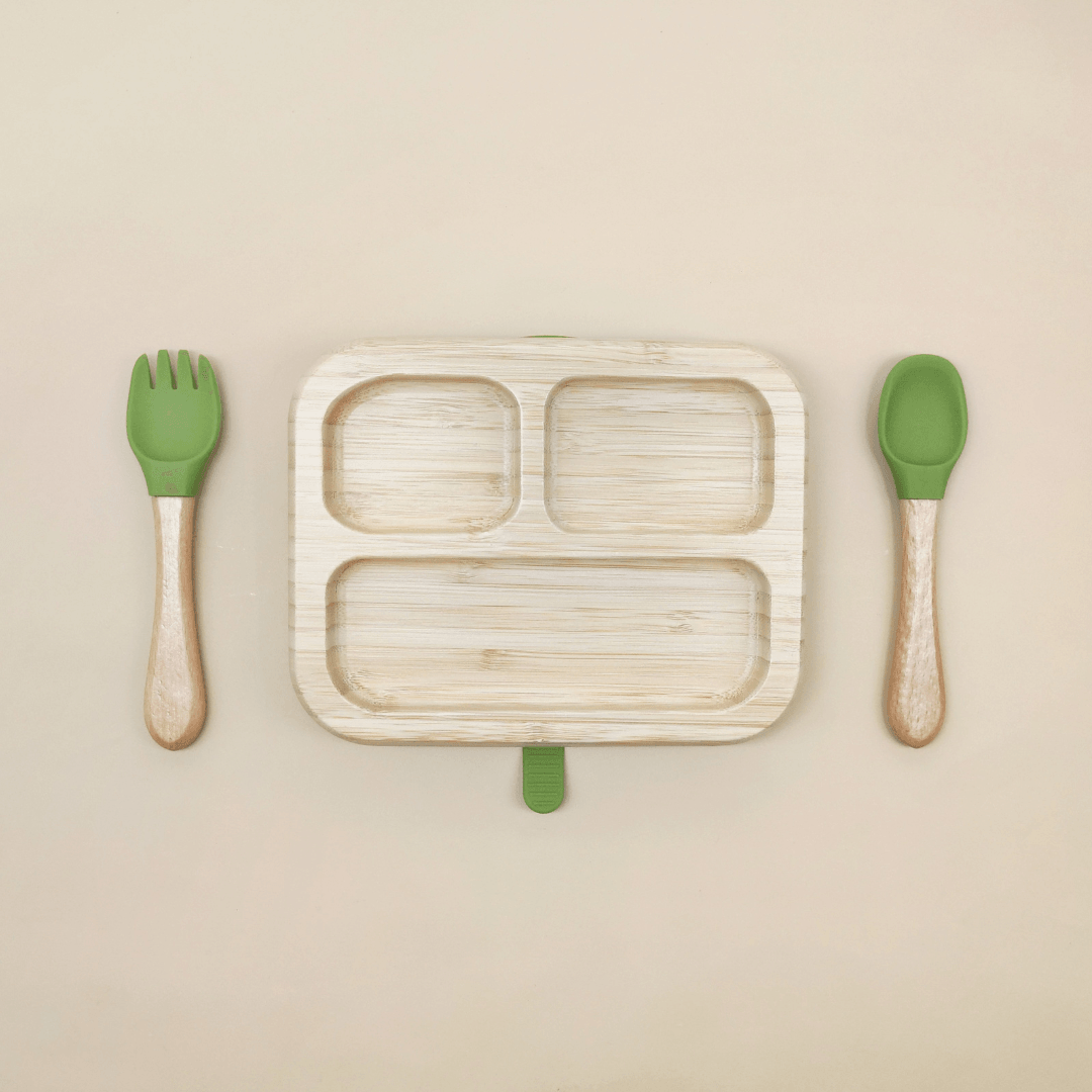 Oblong Bamboo Suction Plate With Fork And Spoon - EUROPEAN HOUSE HOLD