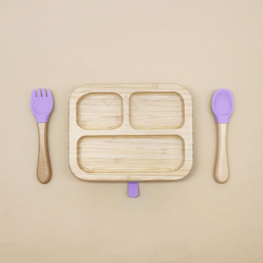 Oblong Bamboo Suction Plate With Fork And Spoon - EUROPEAN HOUSE HOLD