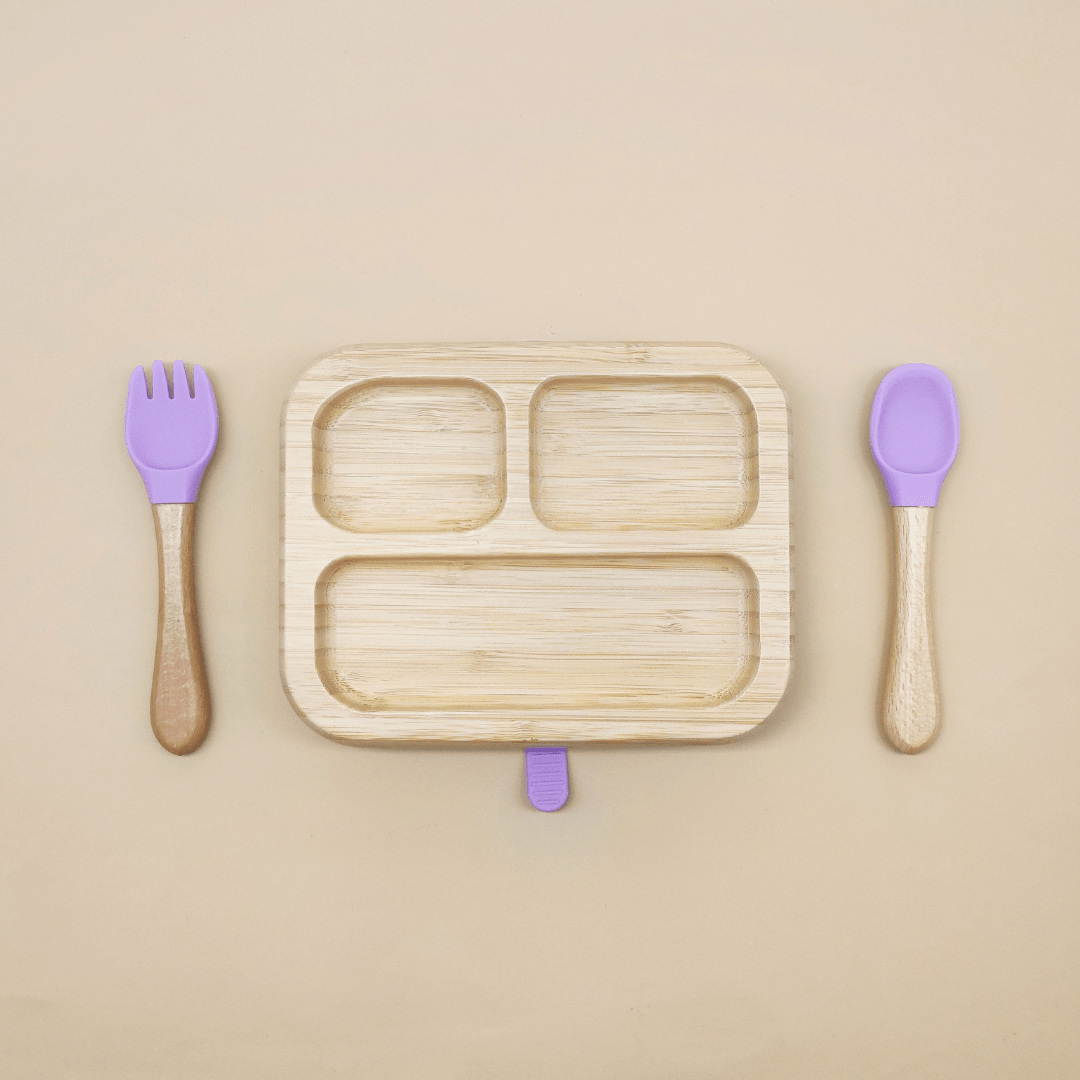 Oblong Bamboo Suction Plate With Fork And Spoon - EUROPEAN HOUSE HOLD